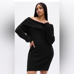 GAP Off-the-Shoulder Mini Black Rib Knit Sweater Dress